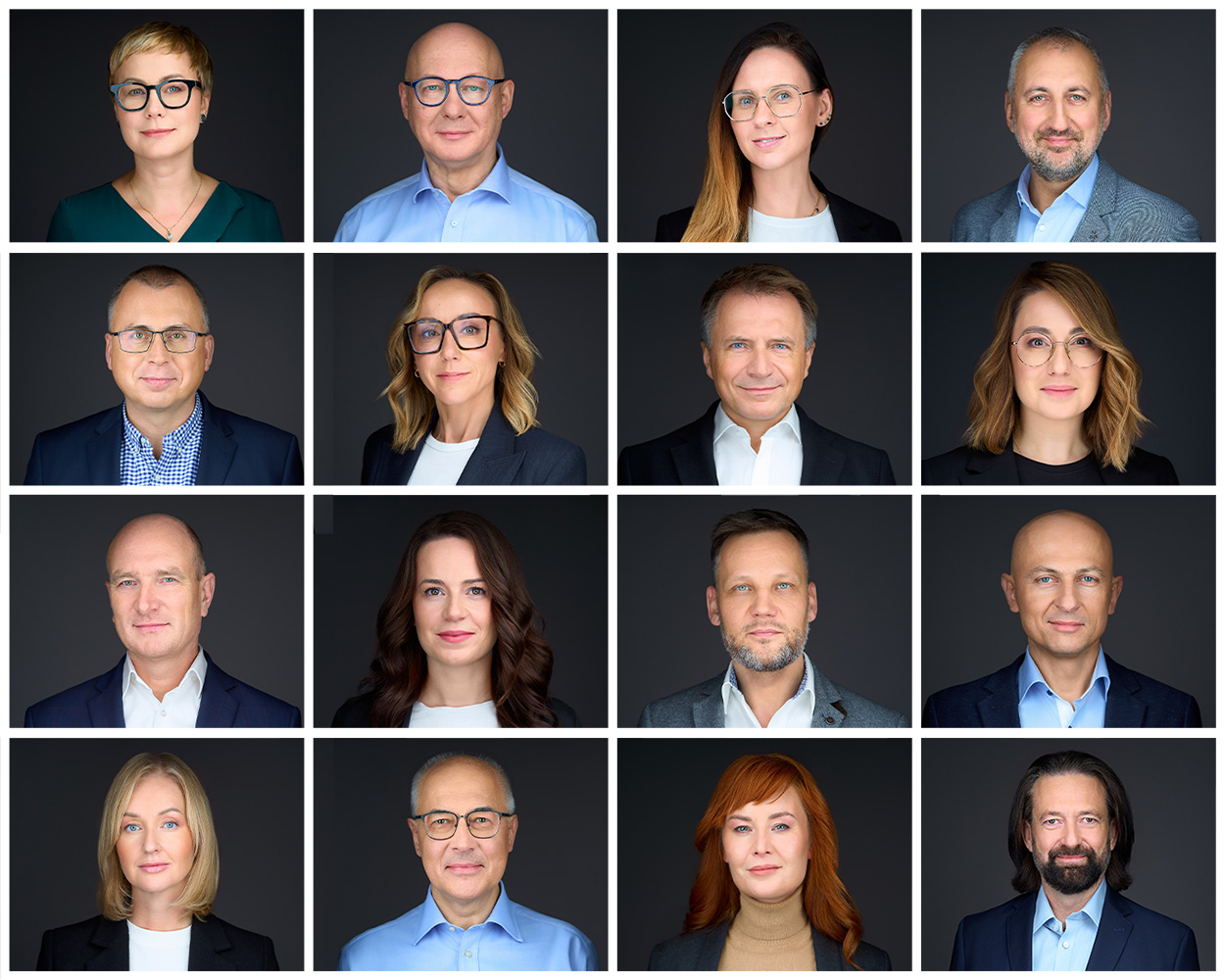 Mozaika 16 zdjęć portretowych headshot pracowników IBM Polska. Efekt profesjonalnej sesji zdjęciowej przeprowadzonej przez fotografa Marek Wołynko w siedzibie firmy IBM w Warszawie